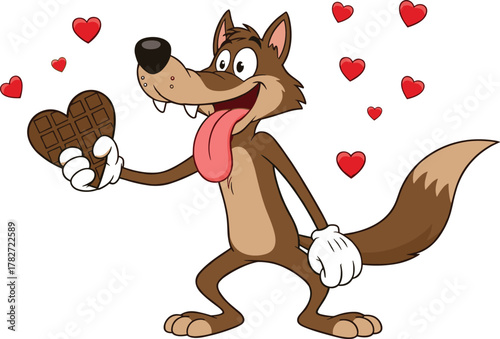 Cartoon wolf holding heart chocolate illustration, funny animal character vector, love romance artwork, Valentine design drawing, cad drawing flat vector illustration