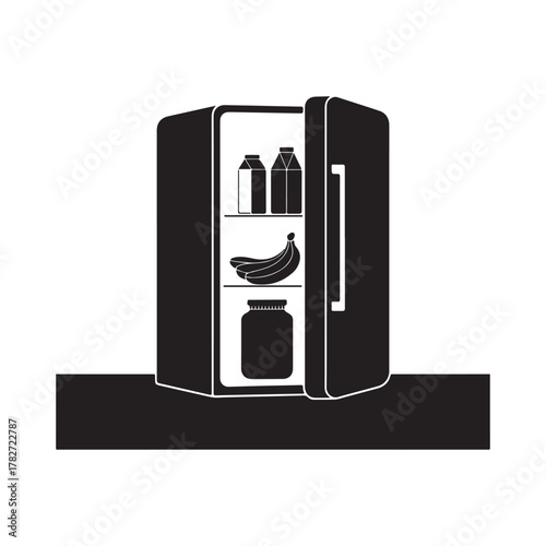 Open refrigerator with food items and supplements inside