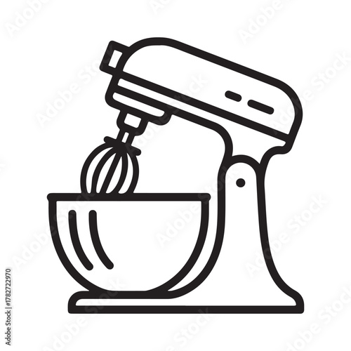 Line art illustration of a stand mixer with whisk attachment