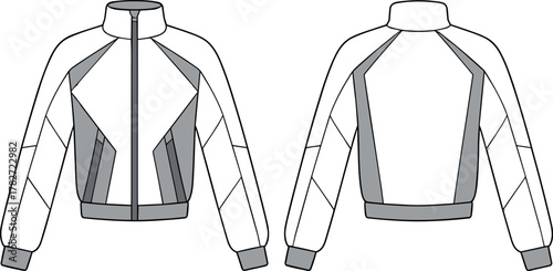 Jacket, zip-up, fashion, vector, illustration, front, back, sketch, outline, collar, pocket, cuff, hem, casual, garment, stylish, sporty, color-blocked, design, outerwear