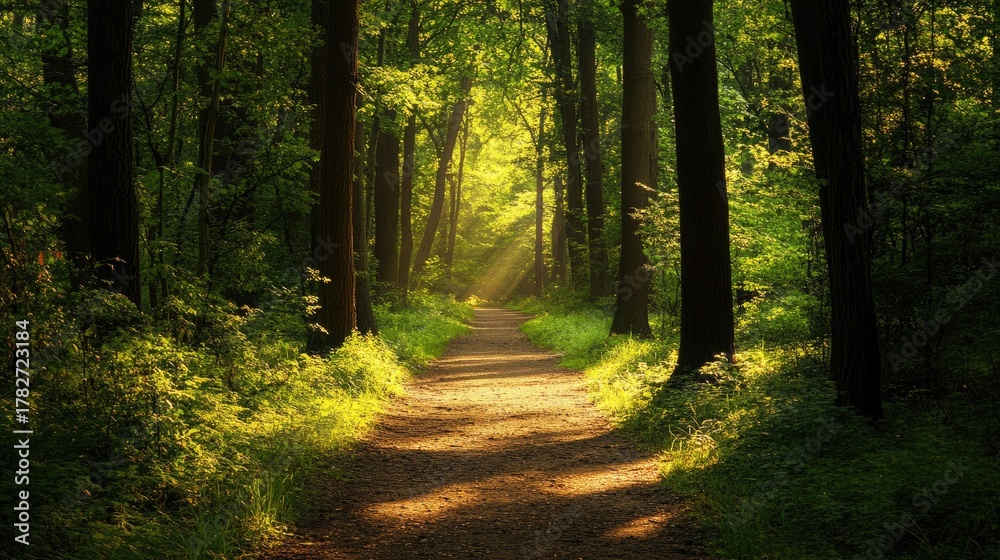 Fototapeta premium A serene forest path flanked by textured trees in silhouette