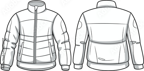 Puffer, jacket, quilted, zip-up, fashion, vector, illustration, front, back, sketch, outline, collar, pocket, cuff, hem, warm, casual, garment, stylish, outerwear