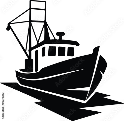 Illustrator Silhouette of a commercial fishing boat floating on water Silhouette vector