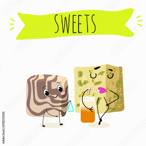 Funny Characters Turkish Halva confection, cubes with pistachio nut, layered chocolate tahini oriental dessert, hand drawn vector illustration.