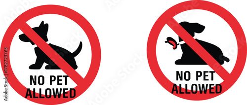No Pet Allowed signs with dog silhouettes and red prohibition symbols for public space signage, pet restriction notices, and vector design