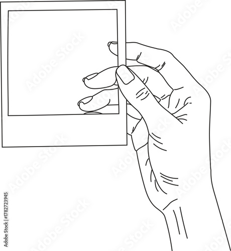 Hand holding a blank instant photo frame, isolated on transparent background