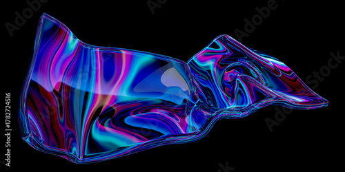 Abstract design, wavy iridescent shape on black background, 3d render