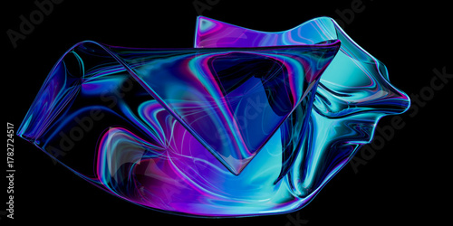 Abstract design, wavy iridescent shape on black background, 3d render