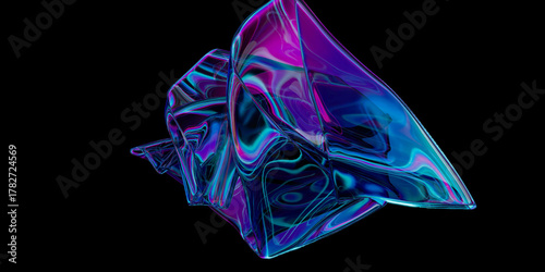 Abstract design, wavy iridescent shape on black background, 3d render