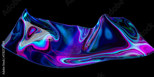 Abstract design, wavy iridescent shape on black background, 3d render