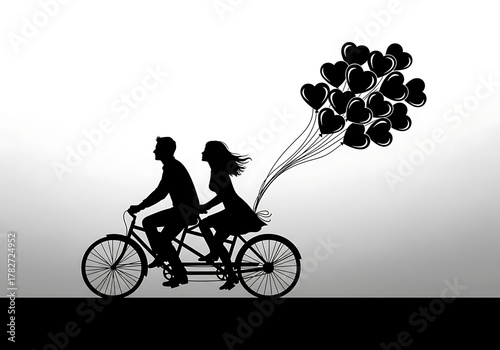 Silhouetted couple riding tandem bicycle with heart shaped balloons floating upwards