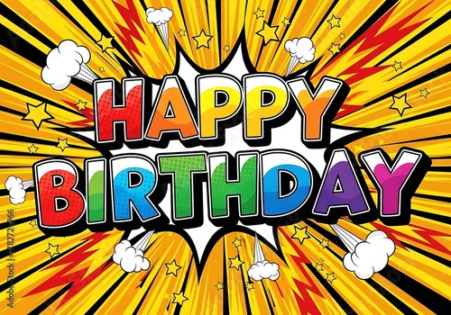 Explosive comic book style happy birthday greeting with vibrant colors and starburst background
