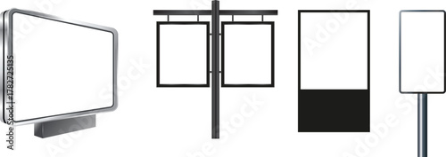 Realistic billboard mockup vector set with clean white background, metal frame advertising board and street signage design for outdoor poster presentation