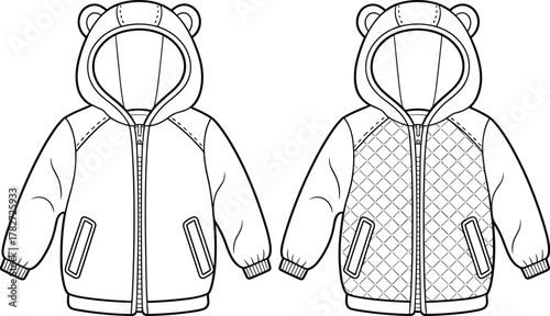Children hooded jacket vector, baby hoodie CAD drawing, bear ear hood, quilted kids fashion design, clothing template, flat vector illustration