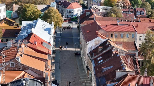 Kaunas, Lithuania – October 17, 2024: Aerial view of Kaunas Town Hall Square during renovation with paving replacement, construction workers and equipment visible in the old town public space.