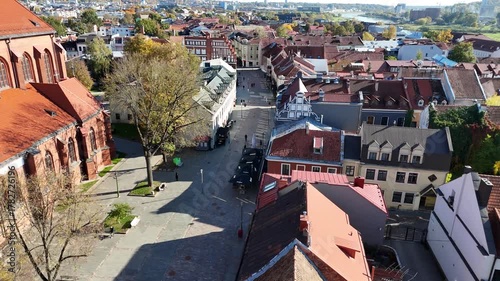 Kaunas, Lithuania – October 17, 2024: Aerial view of Kaunas Town Hall Square during renovation with paving replacement, construction workers and equipment visible in the old town public space.