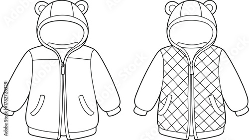 Children hooded jacket vector, baby hoodie CAD drawing, bear ear hood, quilted kids outerwear design, clothing template, flat vector illustration