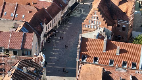 Kaunas, Lithuania – October 17, 2024: Aerial view of Kaunas Town Hall Square during renovation with paving replacement, construction workers and equipment visible in the old town public space.