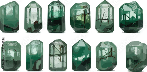 Polished Moss Agate Stones Vector Illustration – Semi-Precious Green Gem Collection for Crystal Healing, Mineralogy, Gemstone Art, Jewelry Design, and Natural Texture Themes