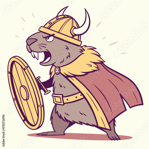 Beaver warrior wearing viking helmet and holding shield