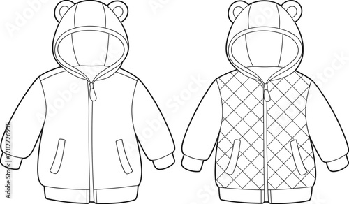 Children hooded jacket vector, cute bear ear hoodie design, quilted pattern kids clothing, fashion flat sketch, CAD drawing illustration