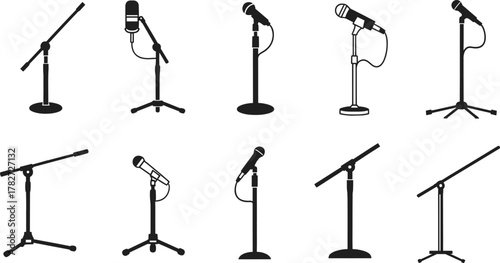 Microphone stand silhouettes, audio equipment, music performance, stage setup, sound recording, concert gear, studio tools, vocal support, musician accessory, audio design
