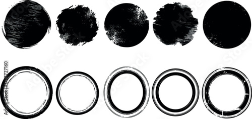 Collection of five black ink fingerprint stamps and five distressed oval frames on a white background