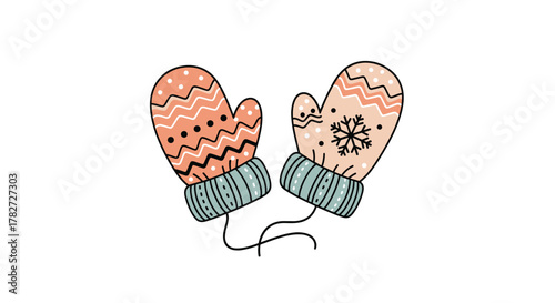 A cute, hand-drawn cartoon illustration featuring a pair of colorful winter mittens adorned with charming patterns and connected by a string.