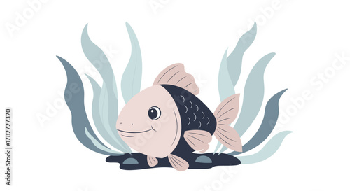 A friendly, blush pink and dark blue cartoon fish with a cheerful smile rests among swaying blue-green seaweed on a pristine white background.