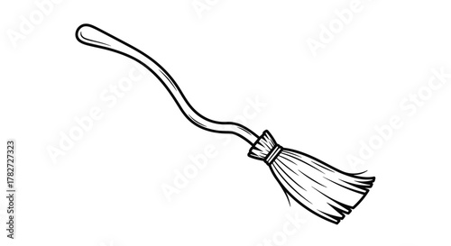 Classic black and white line art illustration of a broomstick, featuring a curved handle and traditional bristles, often seen in fantasy or Halloween themes.