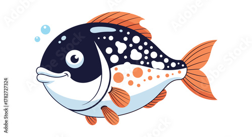 A cute and colorful cartoon fish with a happy smile swims playfully, depicted as a cheerful marine animal illustration.