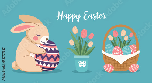A sweet Easter bunny embraces a colorful decorated egg, accompanied by blooming tulips in a pot and a basket filled with festive eggs, celebrating the spring holiday.