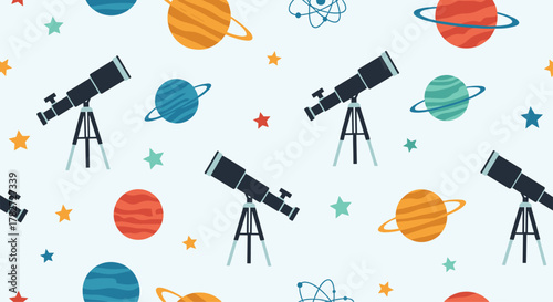 A seamless pattern of telescopes, planets, stars, and an atom symbol on a light blue background, representing astronomy and science.