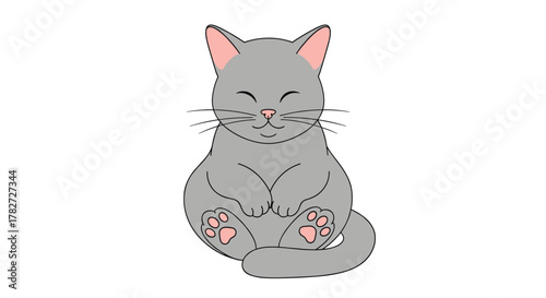 A happy gray cartoon cat sits peacefully with closed eyes and a gentle smile, showcasing its pink ears and paw pads.