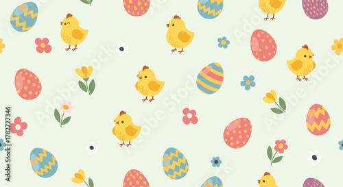 Adorable seamless Easter pattern featuring happy yellow chicks, colorful decorated eggs, and delicate spring flowers on a pastel green background.