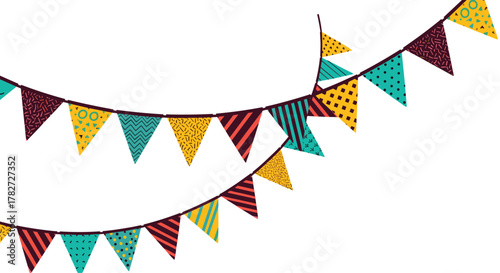 Vibrant party bunting featuring an array of colorful flags with diverse patterns, gracefully strung across a clean white background.