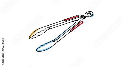 Graphic illustration of metal cooking tongs, featuring a minimalist black outline and colorful accents, ready for culinary tasks.
