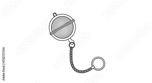 A simple black and white line art illustration of a metal spherical tea infuser with a chain and ring handle, for steeping loose leaf tea.