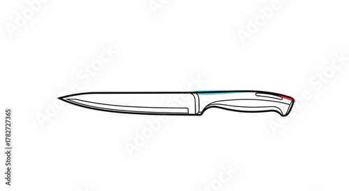 Line art illustration of a modern kitchen knife with a sharp blade and ergonomic handle, highlighted with subtle blue and red accents.