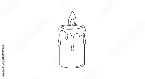 Minimalist line art illustration featuring a lit pillar candle with wax melting and dripping, symbolizing warmth and light.