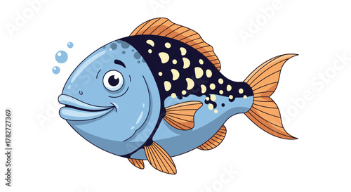 A friendly, smiling cartoon fish with blue scales, orange fins, and a spotted dark blue back, playfully blowing bubbles.