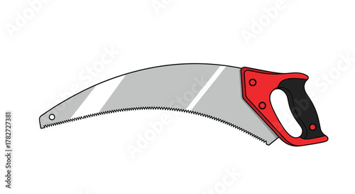 A curved pruning saw with a sharp, toothed blade and a red and black handle, designed for cutting branches and gardening tasks.