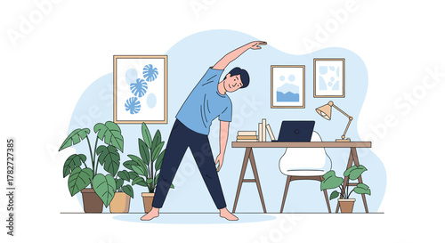 A smiling young man in a home office doing a side bend stretch to take a break from work and maintain his physical well-being.