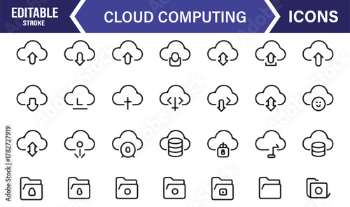 Cloud Computing Line Icons – Editable Stroke Vector Collection of Data, Server, and Network Symbols