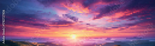 Vector pixel art sunset over the ocean with vivid magenta, violet, orange, and blue tones. Retro digital seascape in 8-bit style, perfect for games, backgrounds, and futuristic design projects.