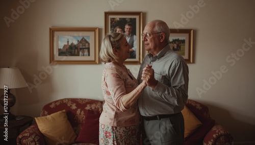 Senior Couple Dances Joyfully in Cozy Living Room Surrounded by Family Photos...