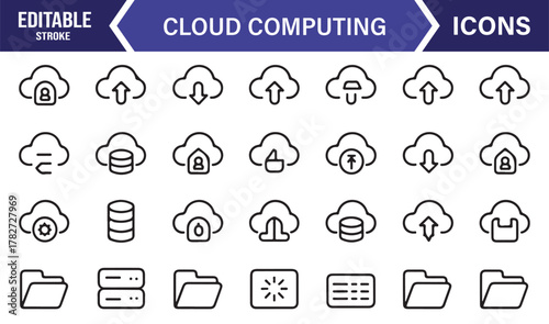 Editable Stroke Cloud Icons – Thin Line Vector Set Featuring Server, Data, and Internet Concepts