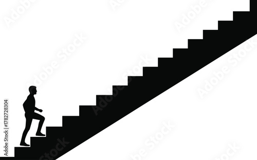 Silhouette person climbing, steep staircase, ambition journey, personal growth, success path, determination symbol, upward progress, challenge overcome, life goal, future vision