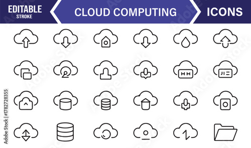 Thin Line Cloud Icons – Minimal Vector Set Featuring Upload, Download, and Storage Concepts