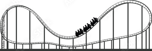 Roller coaster with loops and hills in black and white vector style showing thrill ride dynamics for amusement park and physics concepts